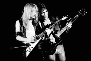 K K Downing and Glenn Tipton of Judas Priest performs on stage at the Hammersmith Odeon, London, England, circa 1978. (Photo by Gus Stewart/Redferns)