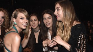 LOS ANGELES, CA - FEBRUARY 08: (L-R) Abigail Anderson and recording artists Taylor Swift, Alana Haim, Danielle Haim and Este Haim of Haim attend The 57th Annual GRAMMY Awards at the STAPLES Center on February 8, 2015 in Los Angeles, California.  (Photo by Larry Busacca/Getty Images for NARAS)